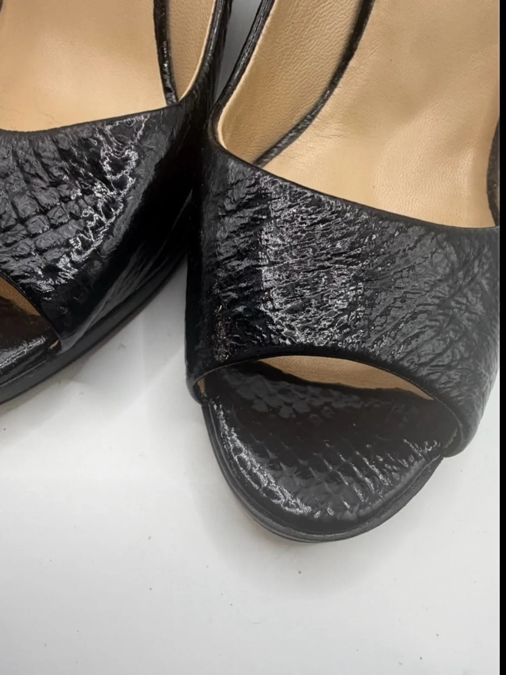 Cole Haan Black Snake Snake Skin Embossed Leather Peep-Toe Wedge Pumps